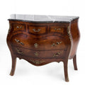 French Louis XV Marquetry inlaid marble top bombe drawer chest