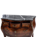 French Louis XV Marquetry inlaid marble top bombe drawer chest