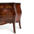 French Louis XV Marquetry inlaid marble top bombe drawer chest
