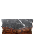 French Louis XV Marquetry inlaid marble top bombe drawer chest