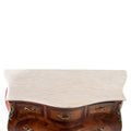 French Louis XV Marquetry inlaid marble top bombe drawer chest