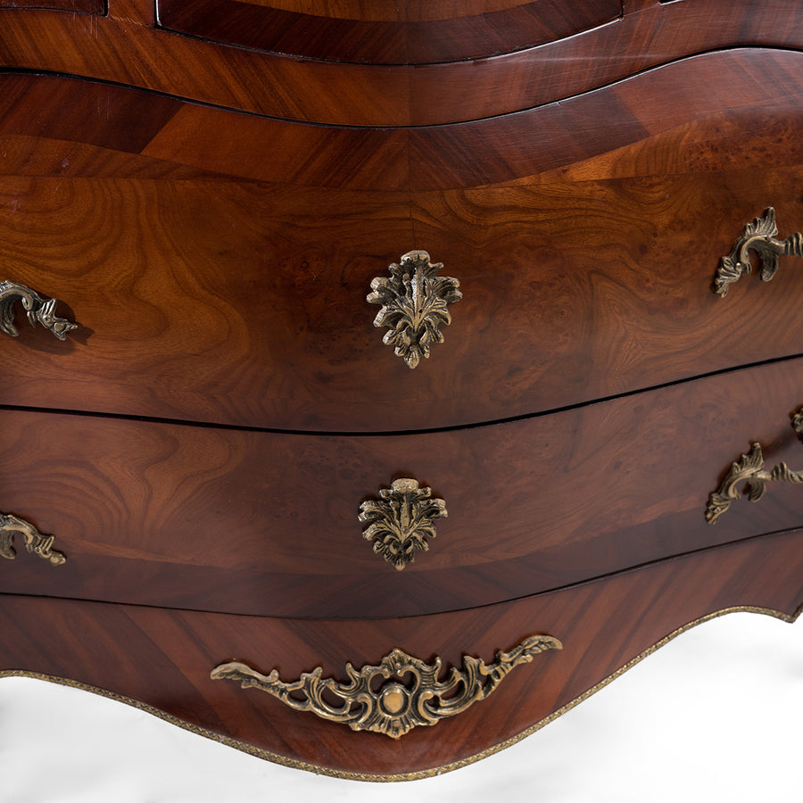 French Louis XV Marquetry inlaid marble top bombe drawer chest