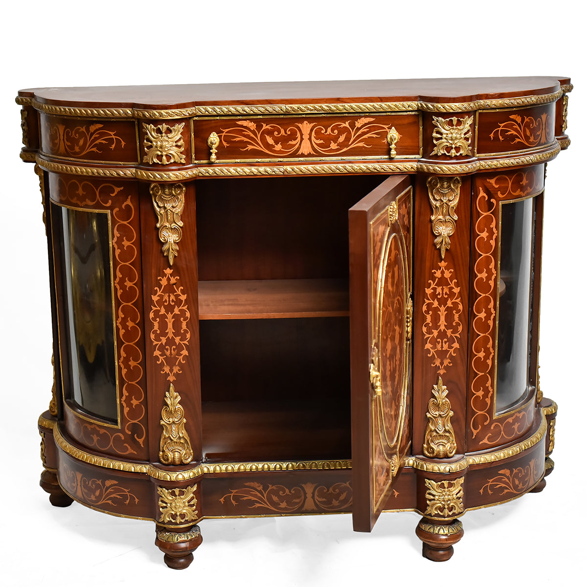 Louis XVI wood/glass marquetry cabinet