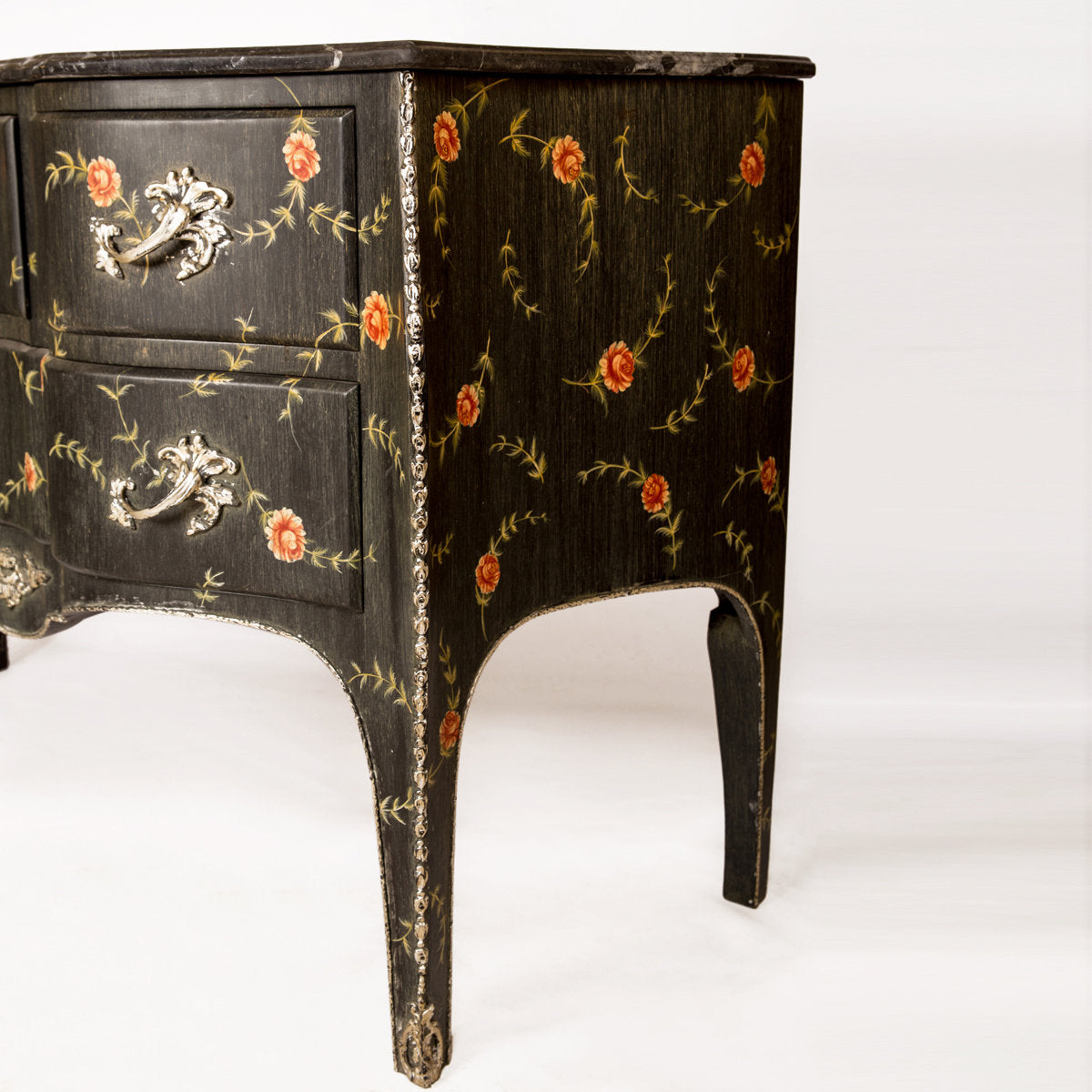 Black Louis XV Floral Commode with Marble Top