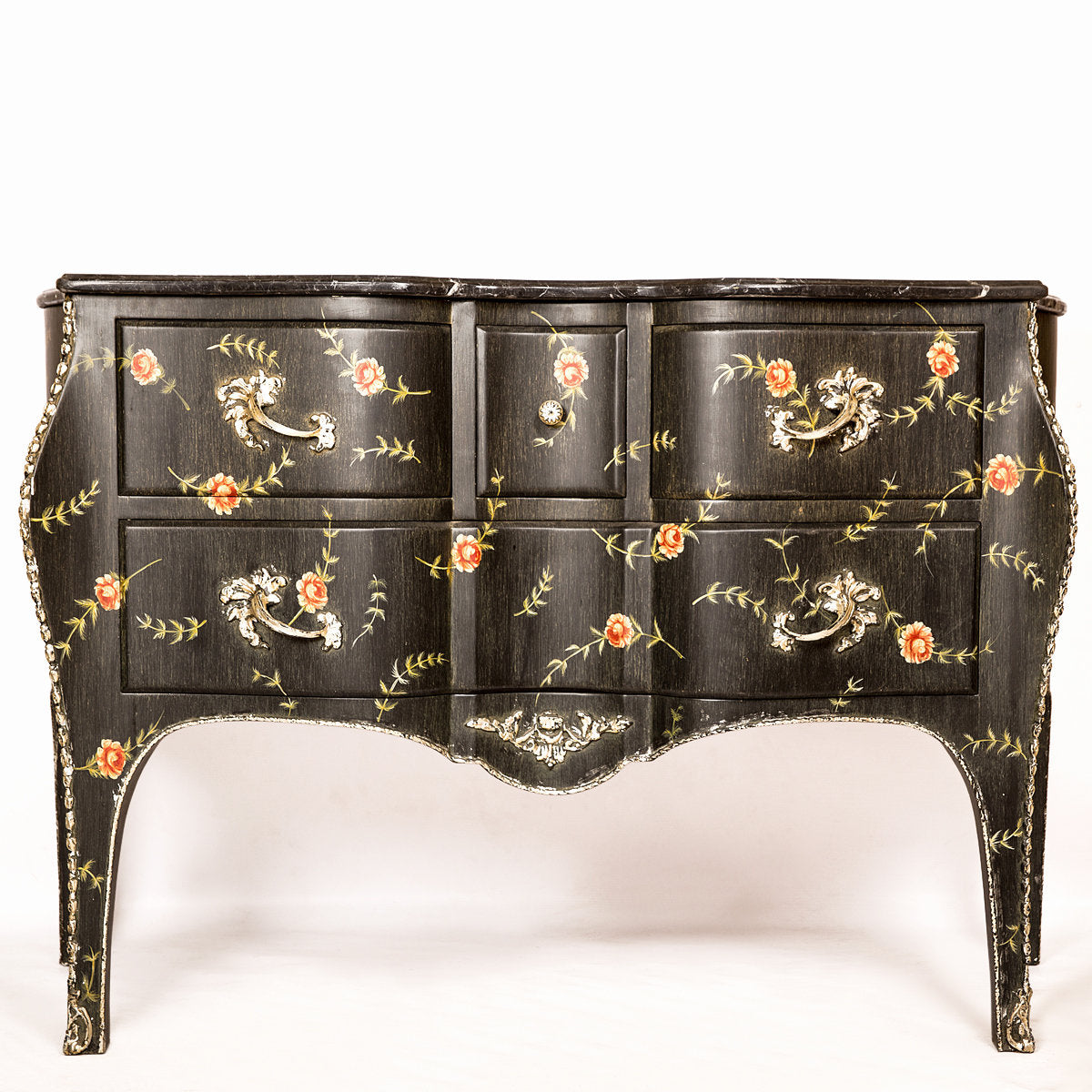 Black Louis XV Floral Commode with Marble Top